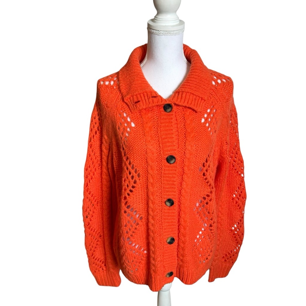 Sundance Winter Tryst Cable Knit Wool‎ Blend Cardigan Sweater Tangerine Orange M